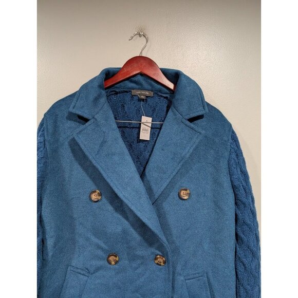 NEW ANN TAYLOR $198 SEA STORM BLUE MIXED MEDIA CABLE COATIGAN JACKET SZ LARGE - Picture 5 of 16